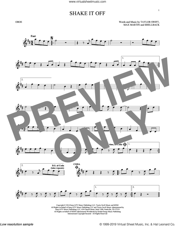 Shake It Off sheet music for oboe solo by Taylor Swift, Johan Schuster, Max Martin and Shellback, intermediate skill level