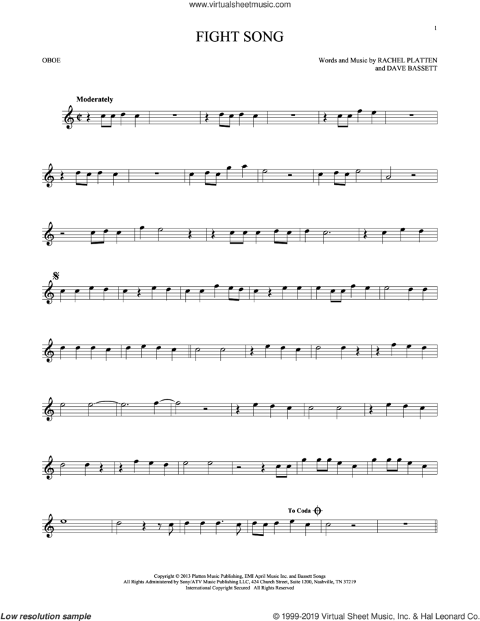 Fight Song sheet music for oboe solo by Rachel Platten and Dave Bassett, intermediate skill level