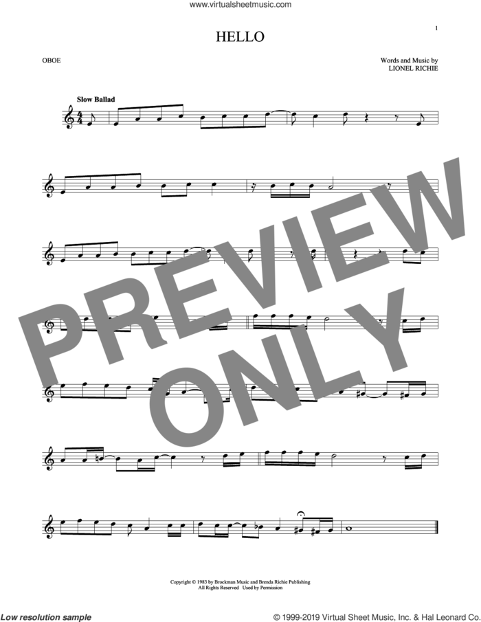 Hello sheet music for oboe solo by Lionel Richie, intermediate skill level