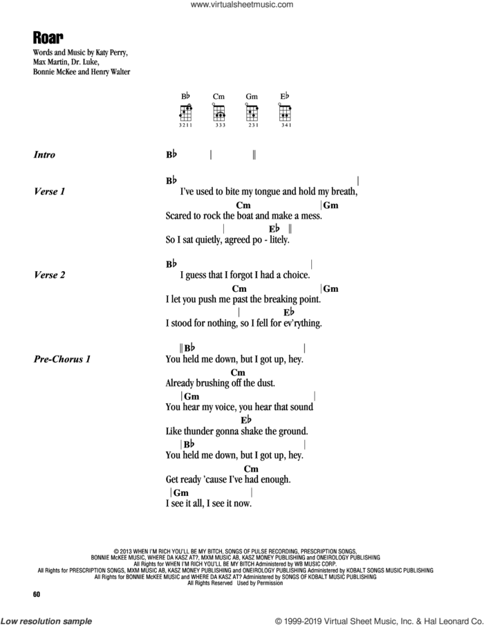 Roar sheet music for ukulele (chords) by Katy Perry, Bonnie McKee, Dr. Luke, Henry Walter, Lukasz Gottwald and Max Martin, intermediate skill level