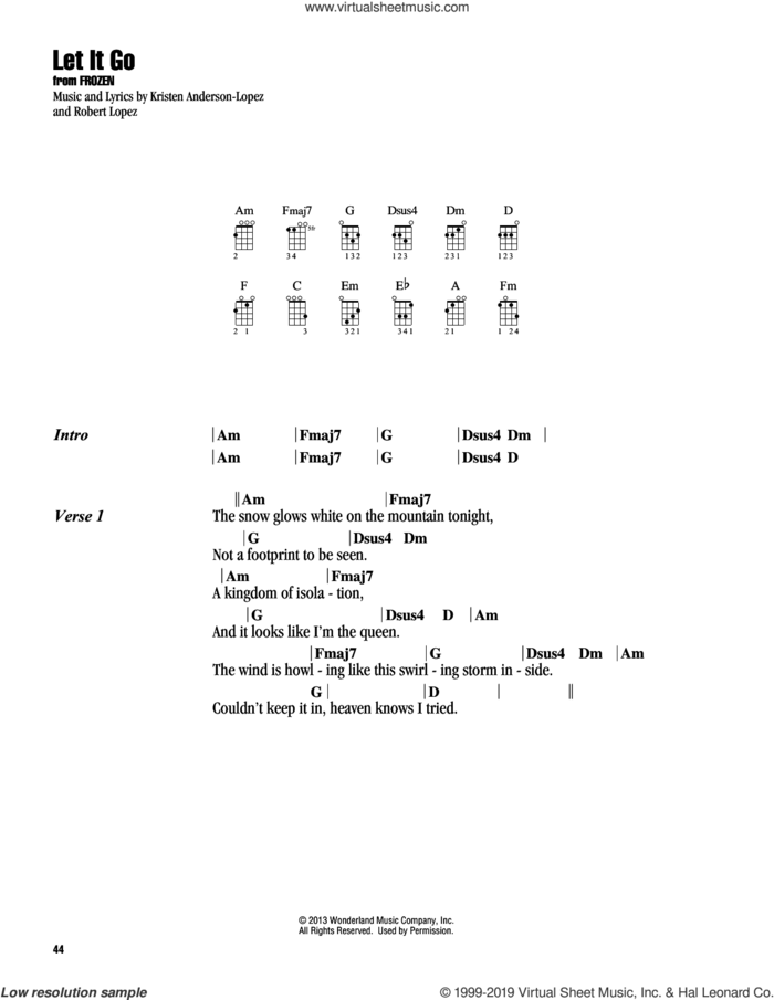 Let It Go (from Frozen) sheet music for ukulele (chords) by Idina Menzel, Kristen Anderson-Lopez and Robert Lopez, intermediate skill level