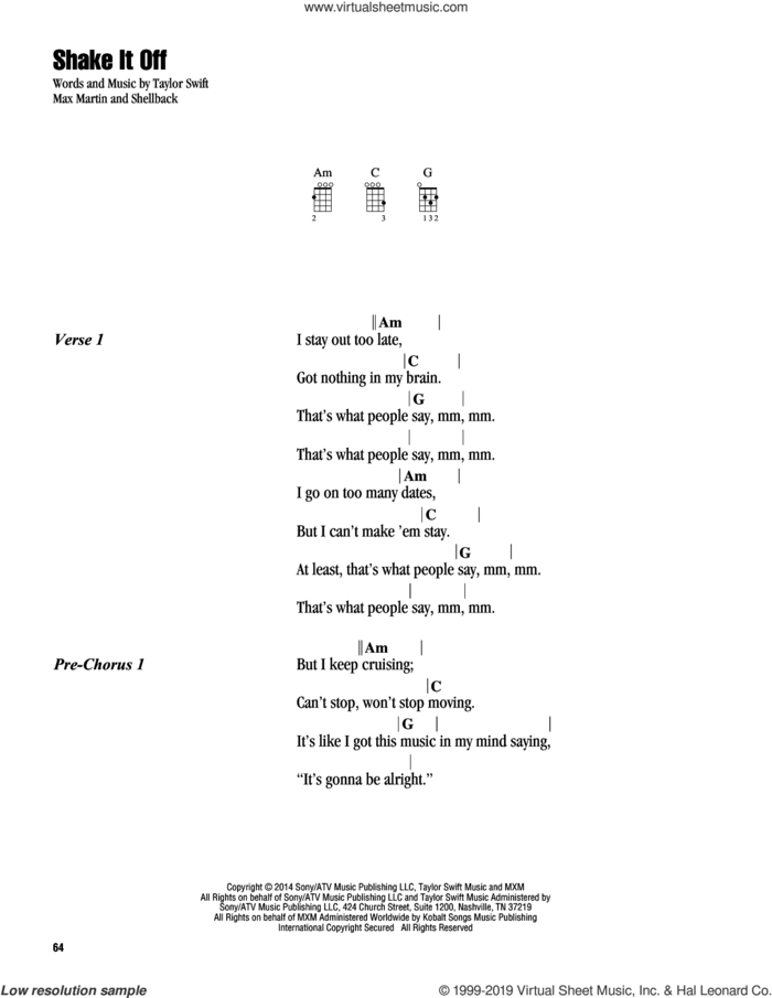 Shake It Off sheet music for ukulele (chords) by Taylor Swift, Johan Schuster, Max Martin and Shellback, intermediate skill level