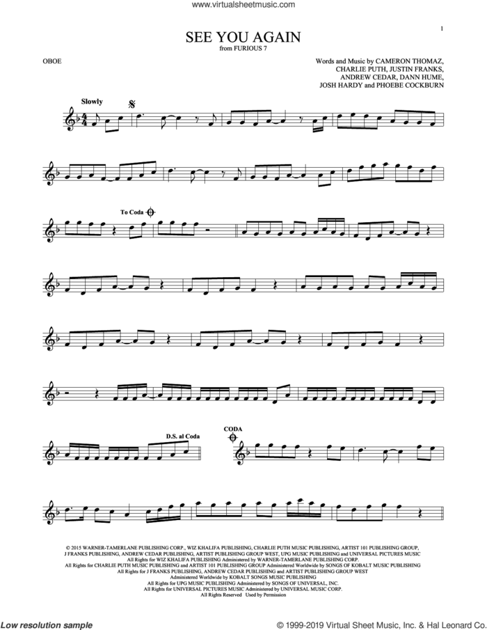 See You Again (feat. Charlie Puth) sheet music for oboe solo by Wiz Khalifa, Andrew Cedar, Cameron Thomaz, Charlie Puth and Justin Franks, intermediate skill level