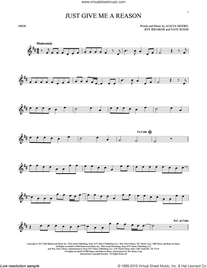 Just Give Me A Reason (feat. Nate Ruess) sheet music for oboe solo by Jeff Bhasker, Miscellaneous, Alecia Moore and Nate Ruess, intermediate skill level