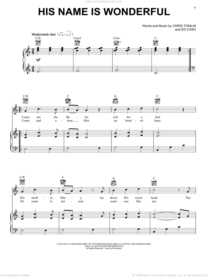 His Name Is Wonderful sheet music for voice, piano or guitar by Chris Tomlin and Ed Cash, intermediate skill level