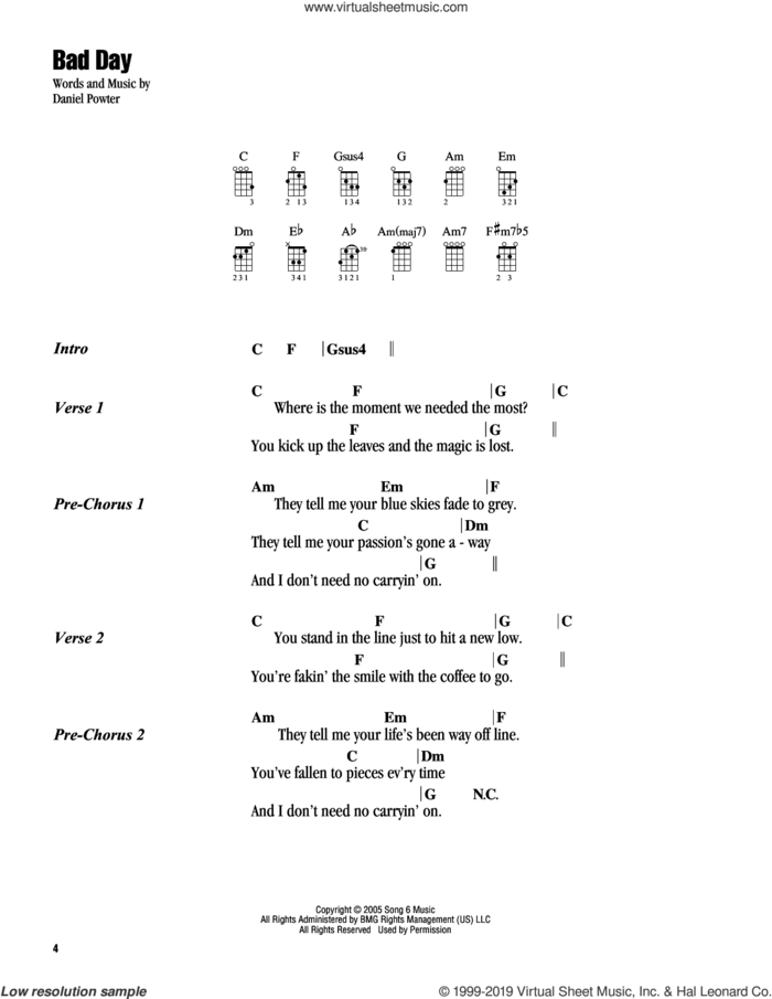 Bad Day sheet music for ukulele (chords) by Daniel Powter, intermediate skill level
