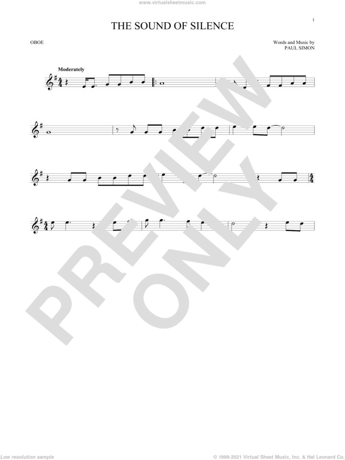 The Sound Of Silence sheet music for oboe solo by Simon & Garfunkel and Paul Simon, intermediate skill level
