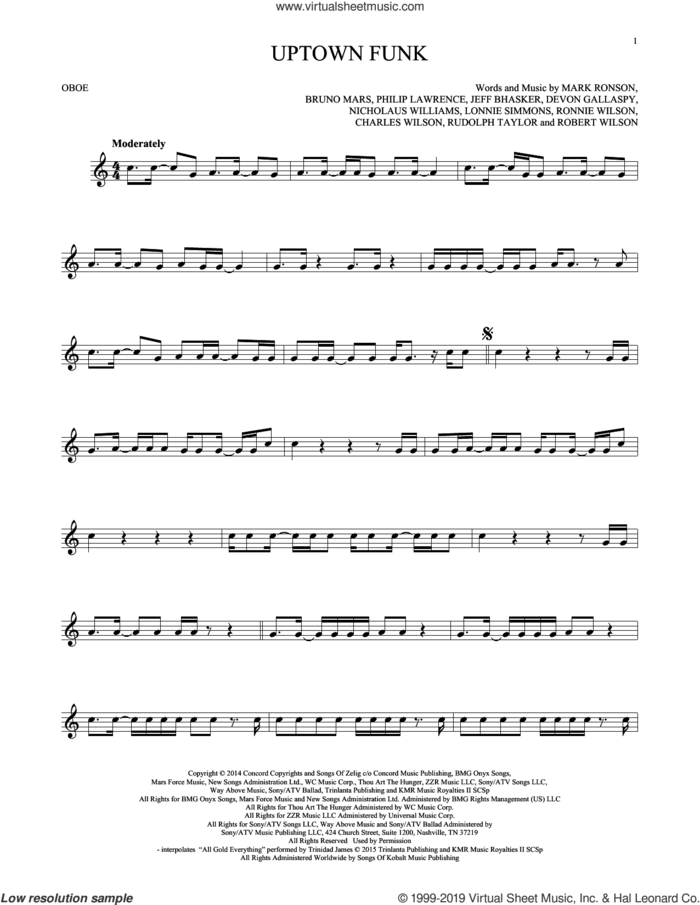 Uptown Funk (feat. Bruno Mars) sheet music for oboe solo by Mark Ronson, Bruno Mars, Charles Wilson, Devon Gallaspy, Jeff Bhasker, Lonnie Simmons, Nicholaus Williams, Philip Lawrence, Robert Wilson, Ronnie Wilson and Rudolph Taylor, intermediate skill level