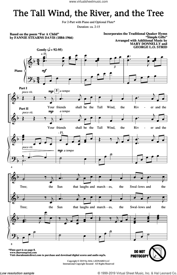 The Tall Wind, The River And The Tree sheet music for choir (2-Part) by Mary Donnelly, Fannie Stearns Davis, George L.O. Strid, Mary Donnelly & George L.O. Strid and Traditional Quaker Hymn, intermediate duet