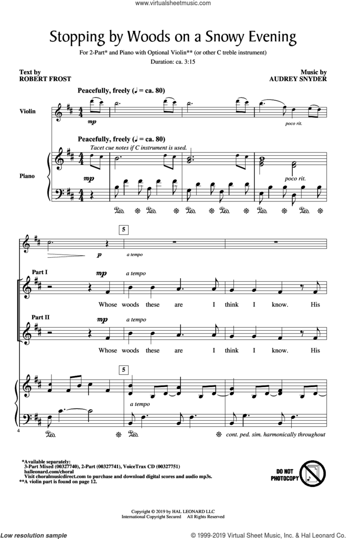 Stopping By Woods On A Snowy Evening sheet music for choir (2-Part) by Audrey Snyder and Robert Frost, intermediate duet