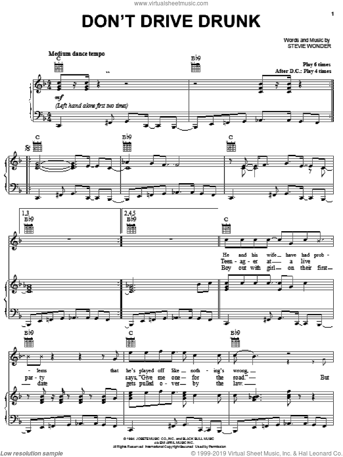 Don't Drive Drunk sheet music for voice, piano or guitar by Stevie Wonder, intermediate skill level