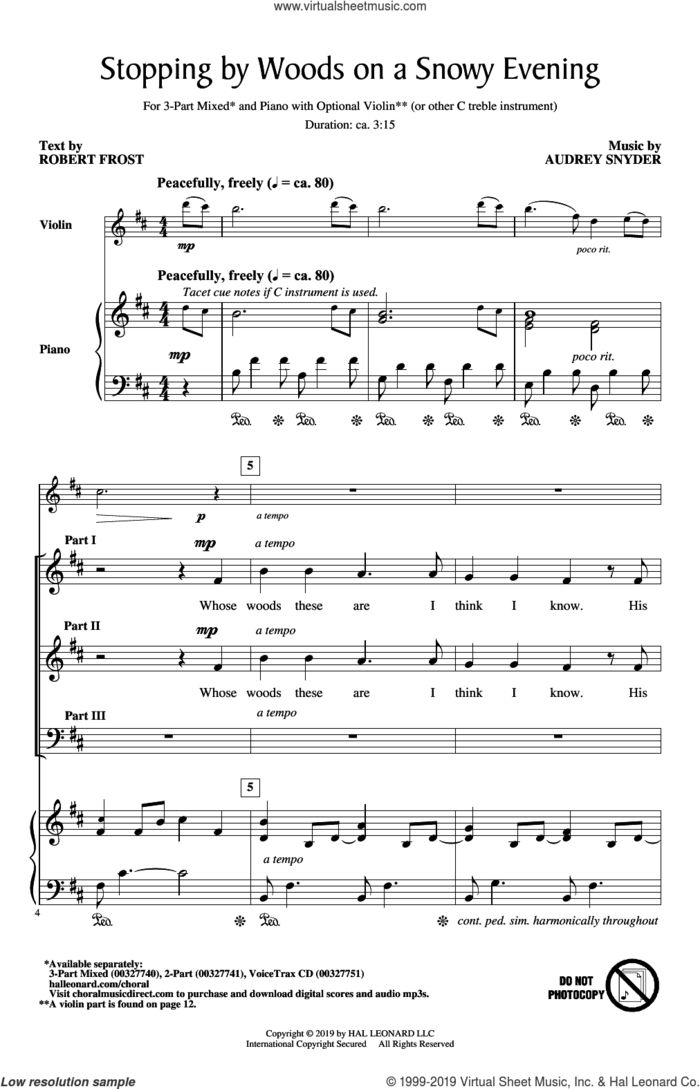 Stopping By Woods On A Snowy Evening sheet music for choir (3-Part Mixed) by Audrey Snyder and Robert Frost, intermediate skill level