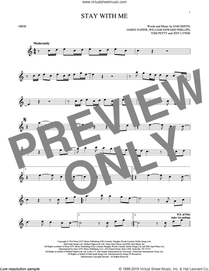Stay With Me sheet music for oboe solo by Sam Smith, James Napier, Jeff Lynne, Tom Petty and William Edward Phillips, intermediate skill level