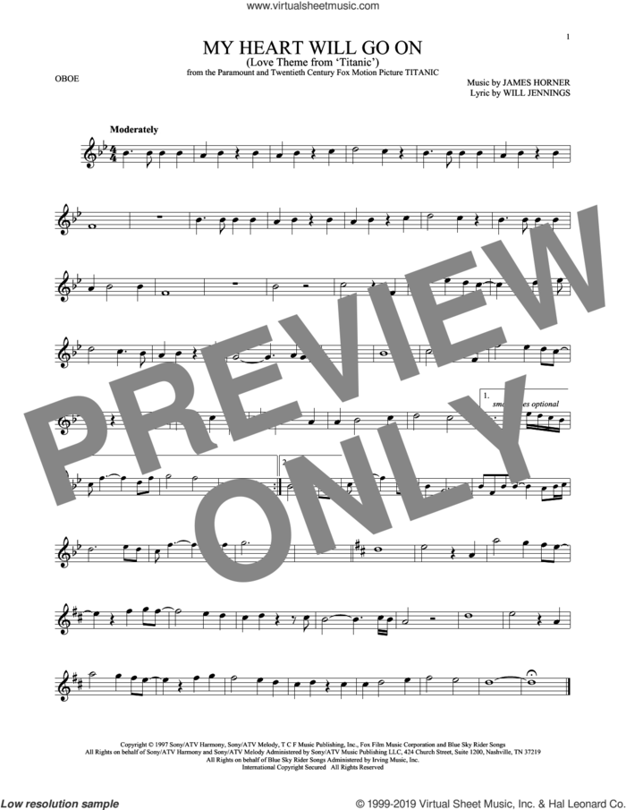 My Heart Will Go On (Love Theme from Titanic) sheet music for oboe solo by Celine Dion, James Horner and Will Jennings, wedding score, intermediate skill level