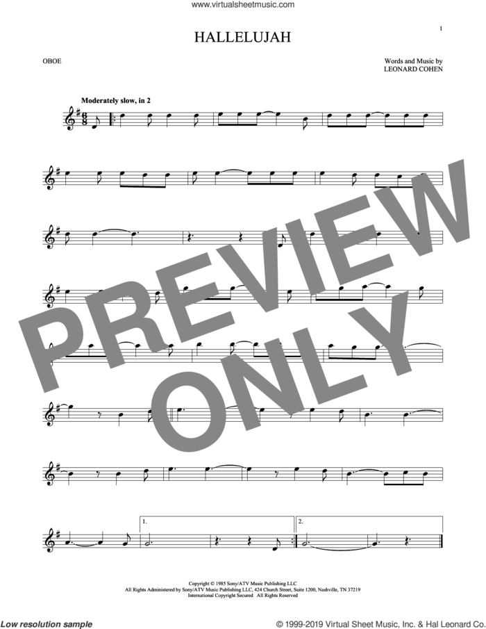 Hallelujah sheet music for oboe solo by Leonard Cohen, intermediate skill level
