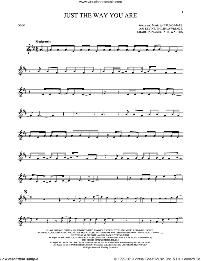 Just The Way You Are sheet music for oboe solo by Bruno Mars, Ari Levine, Khalil Walton, Khari Cain and Philip Lawrence, wedding score, intermediate skill level