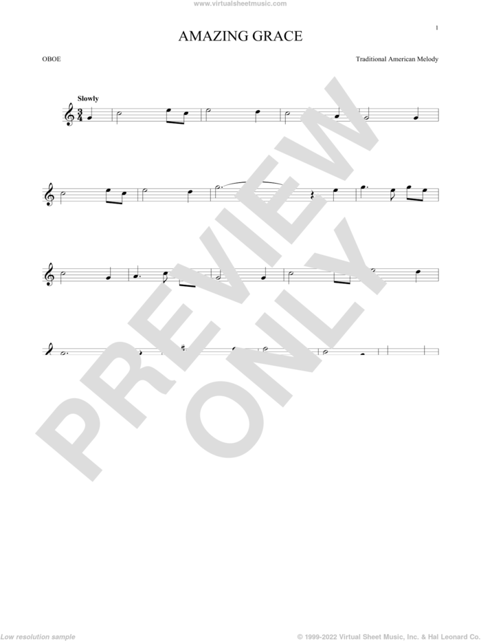 Amazing Grace sheet music for oboe solo by John Newton, Edwin O. Excell and Miscellaneous, wedding score, intermediate skill level