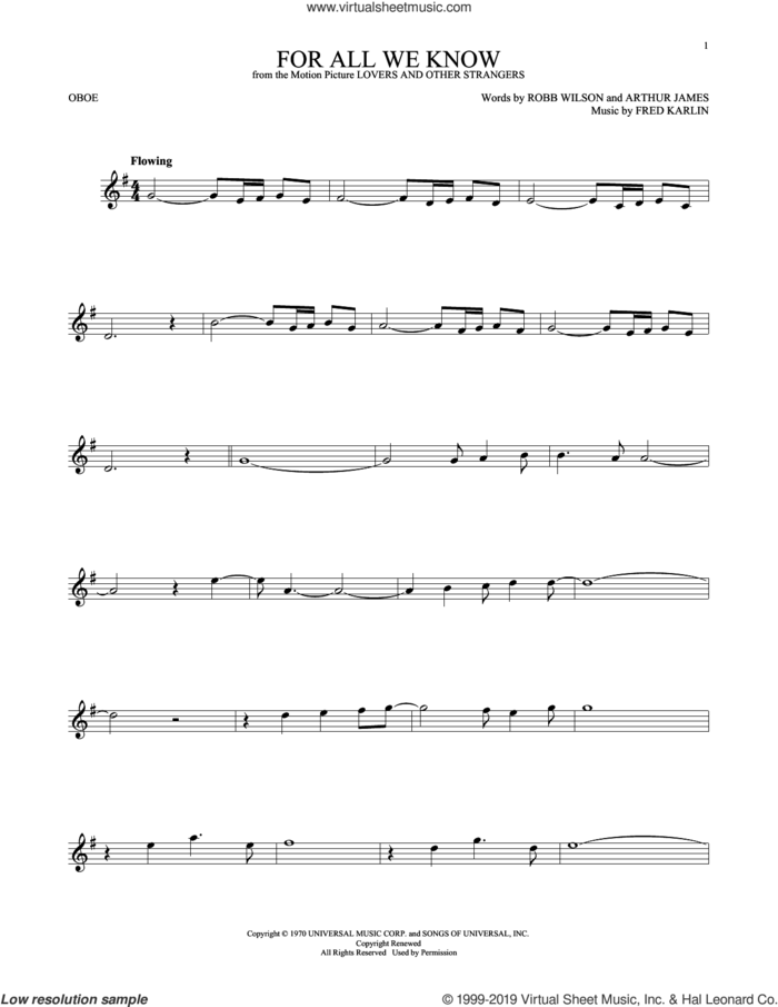 For All We Know sheet music for oboe solo by Carpenters, Fred Karlin, James Griffin and Robb Wilson, intermediate skill level