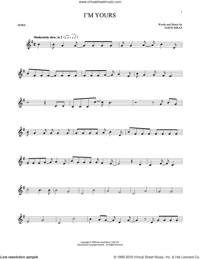 I'm Yours sheet music for horn solo by Jason Mraz, intermediate skill level