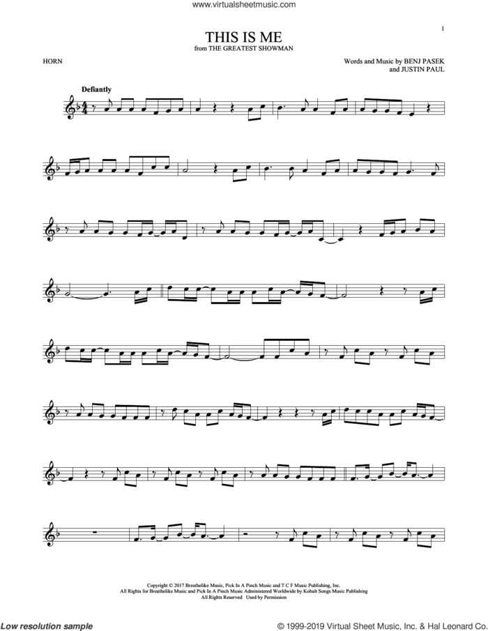 This Is Me (from The Greatest Showman) sheet music for horn solo by Pasek & Paul, Benj Pasek and Justin Paul, intermediate skill level