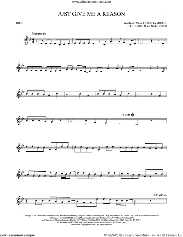 Just Give Me A Reason (feat. Nate Ruess) sheet music for horn solo by Jeff Bhasker, Miscellaneous, Alecia Moore and Nate Ruess, intermediate skill level
