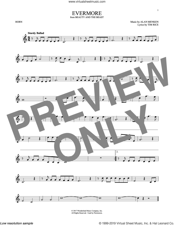 Evermore (from Beauty and The Beast) sheet music for horn solo by Alan Menken, Josh Groban and Tim Rice, intermediate skill level