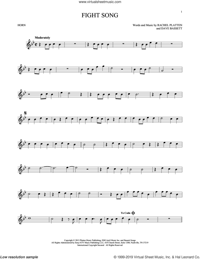 Fight Song sheet music for horn solo by Rachel Platten and Dave Bassett, intermediate skill level