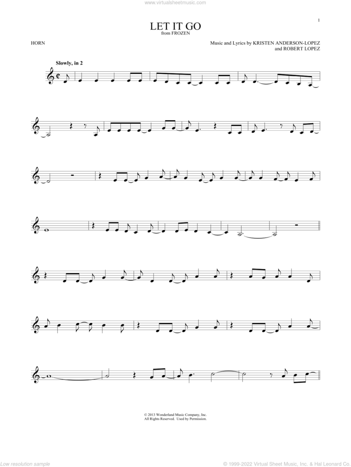 Let It Go (from Frozen) sheet music for horn solo by Idina Menzel, Kristen Anderson-Lopez and Robert Lopez, intermediate skill level