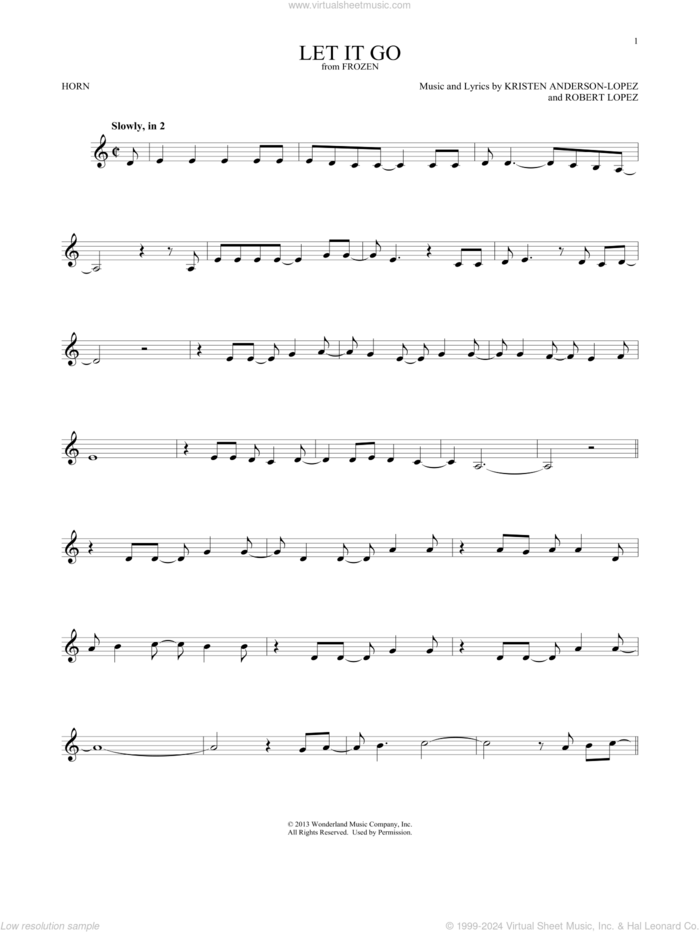 Let It Go (from Frozen) sheet music for horn solo by Idina Menzel, Kristen Anderson-Lopez and Robert Lopez, intermediate skill level