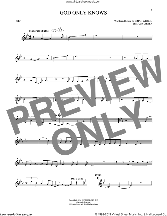 God Only Knows sheet music for horn solo by The Beach Boys, Brian Wilson and Tony Asher, intermediate skill level