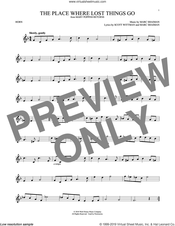 The Place Where Lost Things Go (from Mary Poppins Returns) sheet music for horn solo by Emily Blunt, Marc Shaiman and Scott Wittman, intermediate skill level