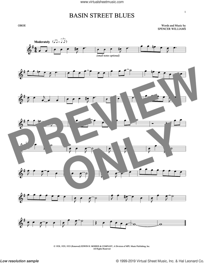 Basin Street Blues sheet music for oboe solo by Spencer Williams, intermediate skill level