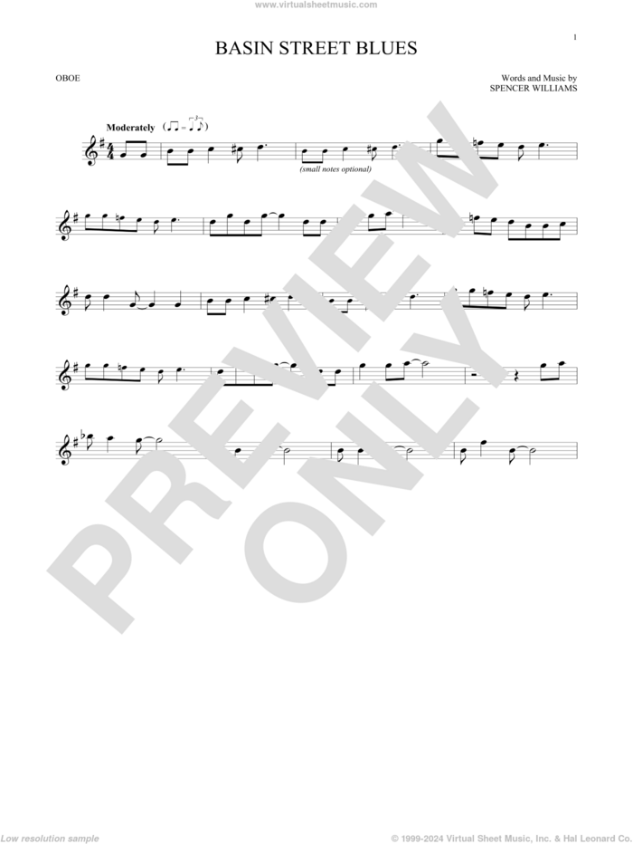 Basin Street Blues sheet music for oboe solo by Spencer Williams, intermediate skill level