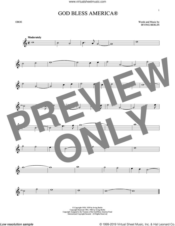 God Bless America sheet music for oboe solo by Irving Berlin, intermediate skill level