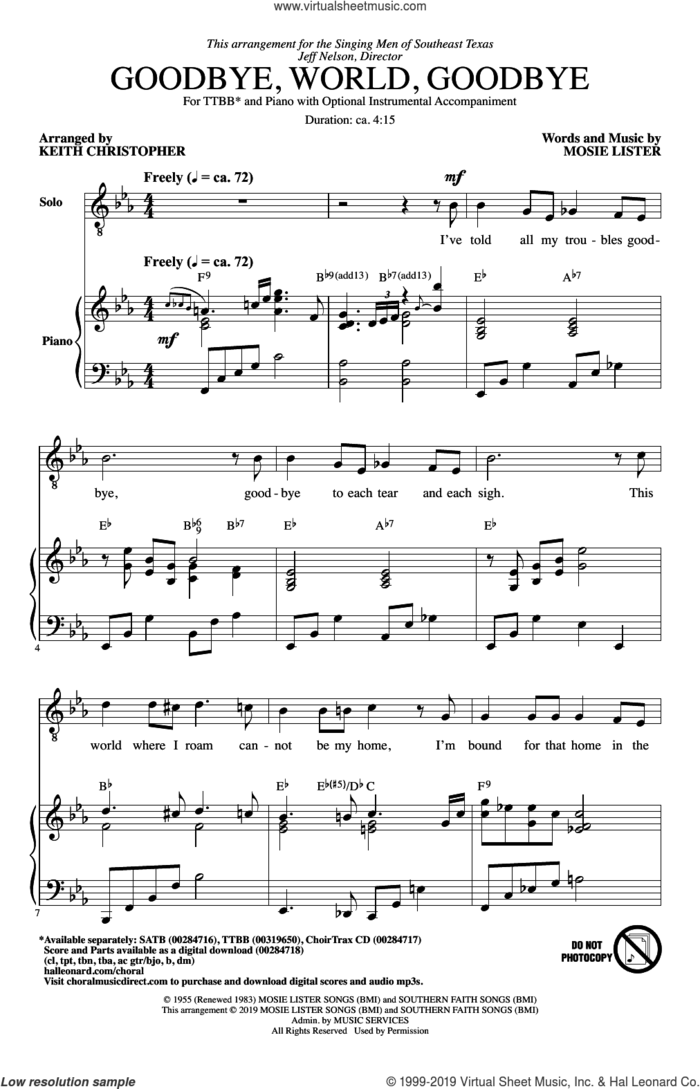 Goodbye, World, Goodbye (arr. Keith Christopher) sheet music for choir (TTBB: tenor, bass) by Mosie Lister and Keith Christopher, intermediate skill level