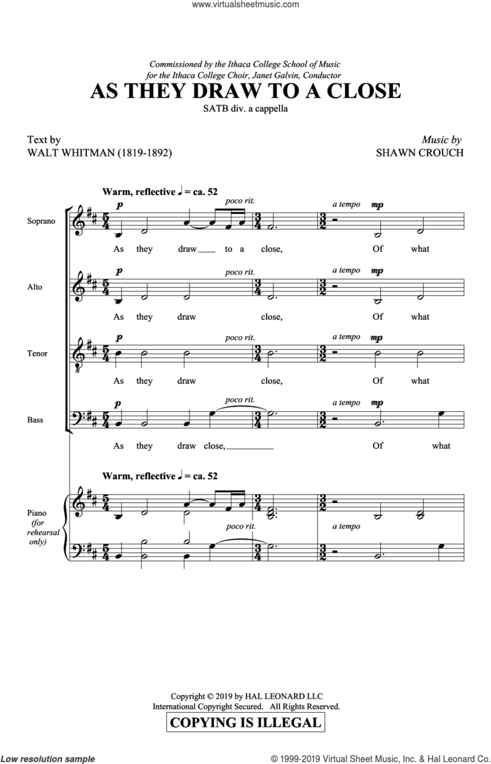 As They Draw To A Close sheet music for choir (SATB: soprano, alto, tenor, bass) by Shawn Crouch and Walt Whitman, intermediate skill level