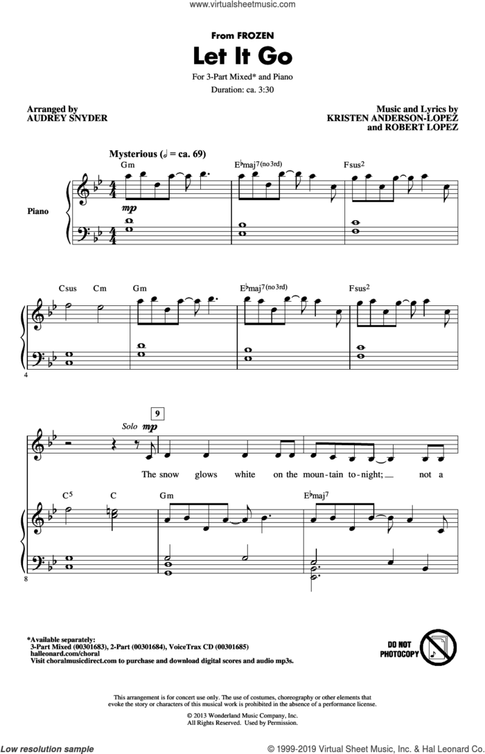 Let It Go (from Frozen) (arr. Audrey Snyder) sheet music for choir (3-Part Mixed) by Idina Menzel, Audrey Snyder, Kristen Anderson-Lopez and Robert Lopez, intermediate skill level