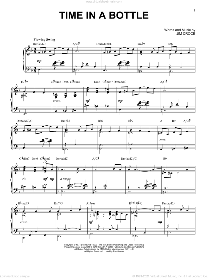 Time In A Bottle [Jazz version] sheet music for piano solo by Jim Croce, intermediate skill level