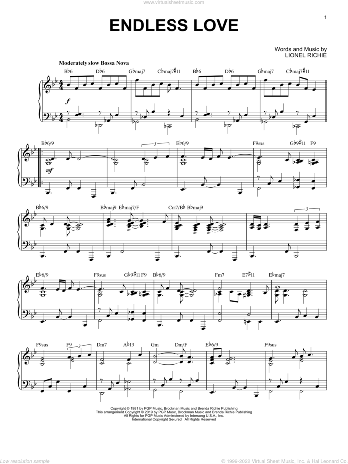Endless Love [Jazz version] sheet music for piano solo by Diana Ross & Lionel Richie and Lionel Richie, wedding score, intermediate skill level
