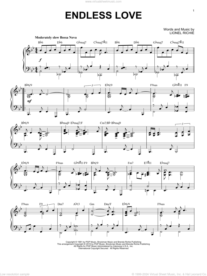 Endless Love [Jazz version] sheet music for piano solo by Diana Ross & Lionel Richie and Lionel Richie, wedding score, intermediate skill level