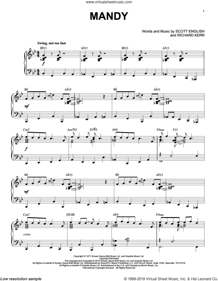 Mandy [Jazz version] sheet music for piano solo by Barry Manilow, Richard Kerr and Scott English, intermediate skill level