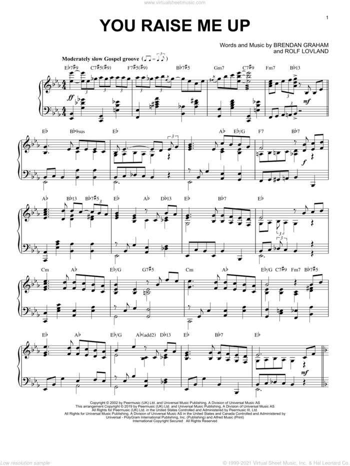 You Raise Me Up [Jazz version] sheet music for piano solo by Josh Groban, Brendan Graham and Rolf Lovland, wedding score, intermediate skill level