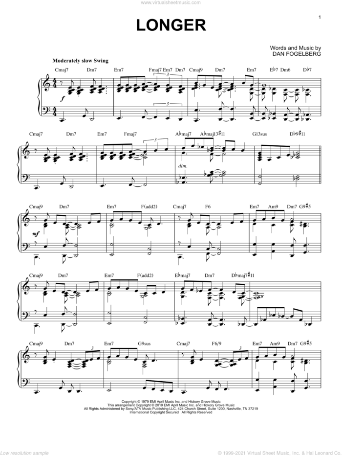 Longer [Jazz version] sheet music for piano solo by Dan Fogelberg, intermediate skill level