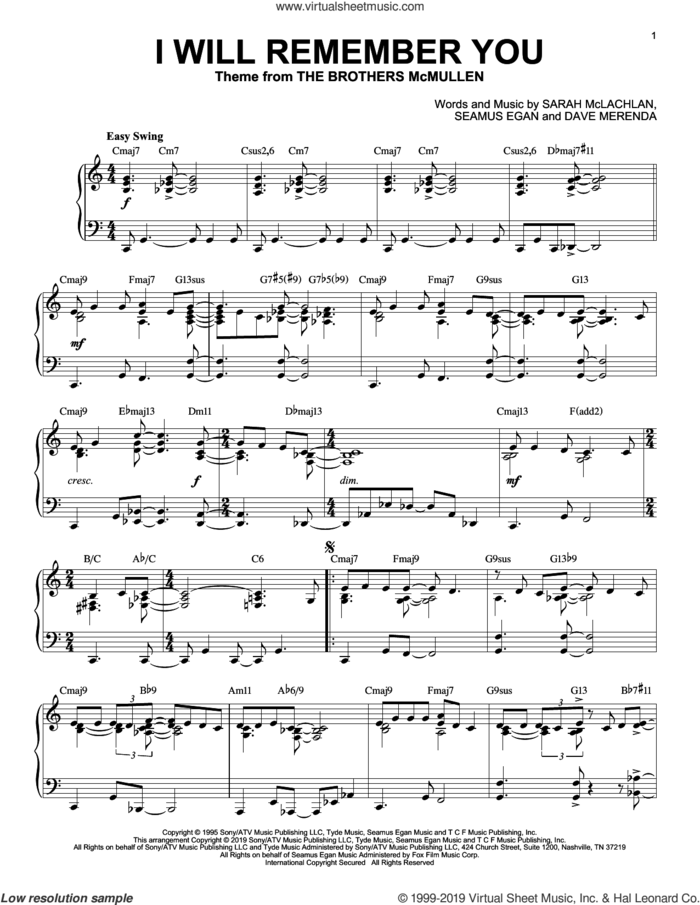 I Will Remember You [Jazz version] sheet music for piano solo by Sarah McLachlan, Dave Merenda and Seamus Egan, intermediate skill level