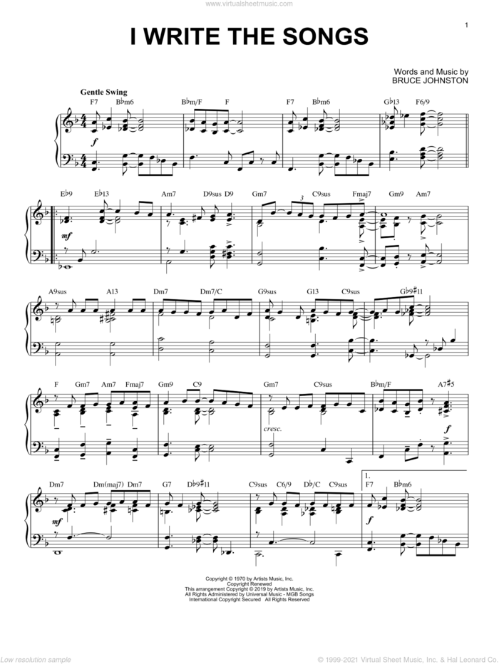 I Write The Songs [Jazz version] sheet music for piano solo by Barry Manilow and Bruce Johnston, intermediate skill level