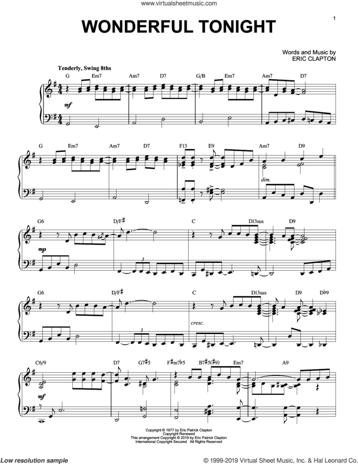 Wonderful Tonight [Jazz version] sheet music for piano solo by Eric Clapton, wedding score, intermediate skill level