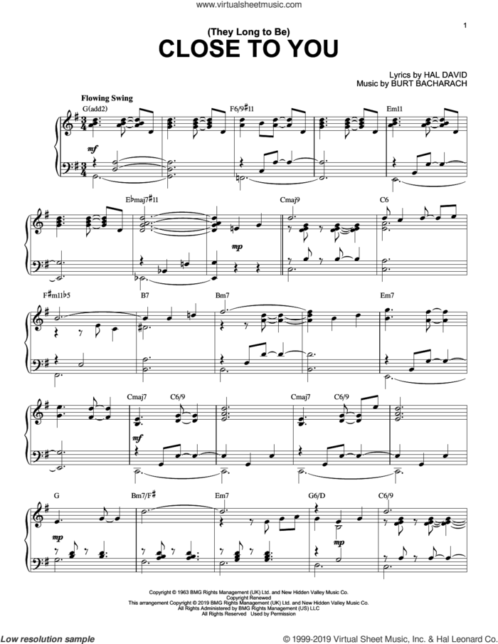 (They Long To Be) Close To You [Jazz version] sheet music for piano solo by Carpenters, Burt Bacharach and Hal David, intermediate skill level