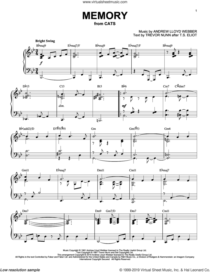 Memory [Jazz version] (from Cats) sheet music for piano solo by Andrew Lloyd Webber and Trevor Nunn, intermediate skill level