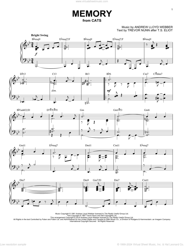 Memory [Jazz version] (from Cats) sheet music for piano solo by Andrew Lloyd Webber and Trevor Nunn, intermediate skill level