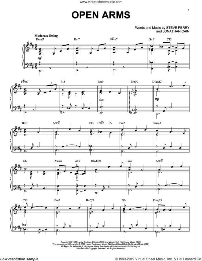 Open Arms [Jazz version] sheet music for piano solo by Journey, Jonathan Cain and Steve Perry, intermediate skill level